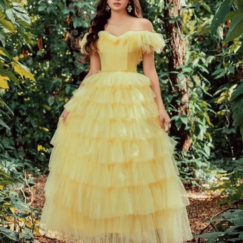 Yellow Tulle Ruffle Beauty Princess Belle GOWN costume Pageant dress 10 12 14 16